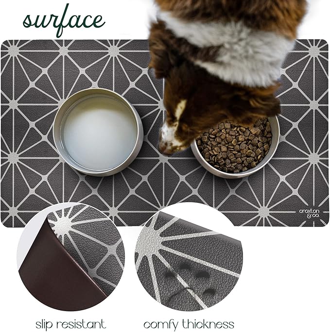 CROXTON & CO. Non-Slip Faux Leather Pet Feeding Mat for Dog Bowls | Large Bowl Mat for Food and Water | Durable, Easy-to-Clean Pet Food Mat for Floors | Size: 12"x18"