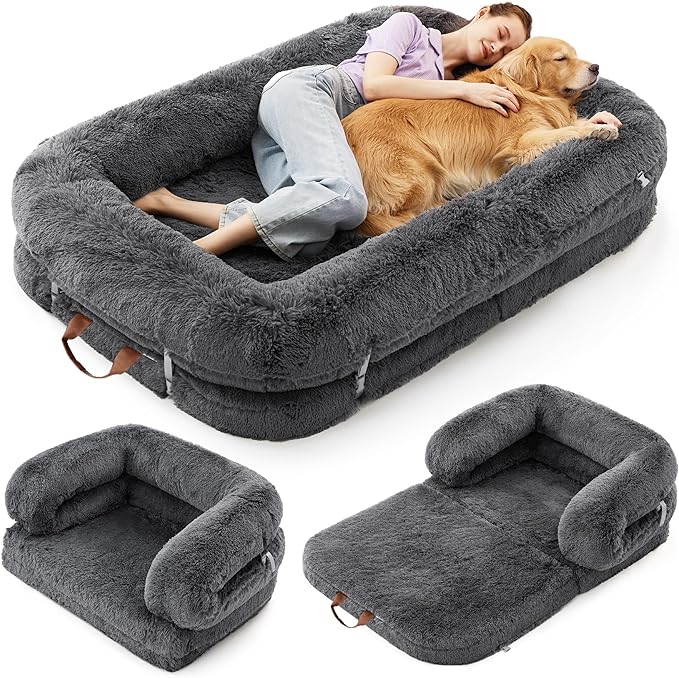 LE SURE Foldable Human Dog Bed - 3 in 1 Flexible Giant Human Dog Bed for Adult People with Supportive Bolster Egg Foam, Waterproof Liner, Calming Fluffy Faux Fur Orthopedic Big Bean Bed, Dark Grey