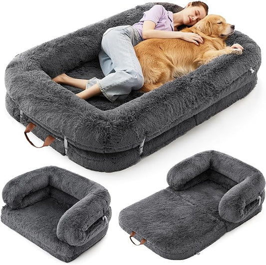 LE SURE Foldable Human Dog Bed - 3 in 1 Flexible Giant Human Dog Bed for Adult People with Supportive Bolster Egg Foam, Waterproof Liner, Calming Fluffy Faux Fur Orthopedic Big Bean Bed, Dark Grey