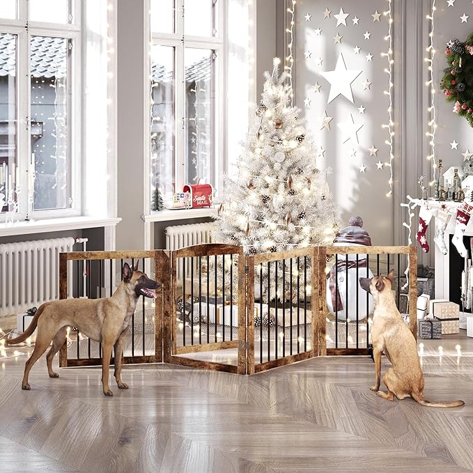 Vantas Folding Pet Gate 96" Wide, 30" Tall No-Assembly Wooden Dog Gate with Door Walk Through, Freestanding Pet Gate, Puppy Safety Fence, with 2PCS Support - Rustic Brown