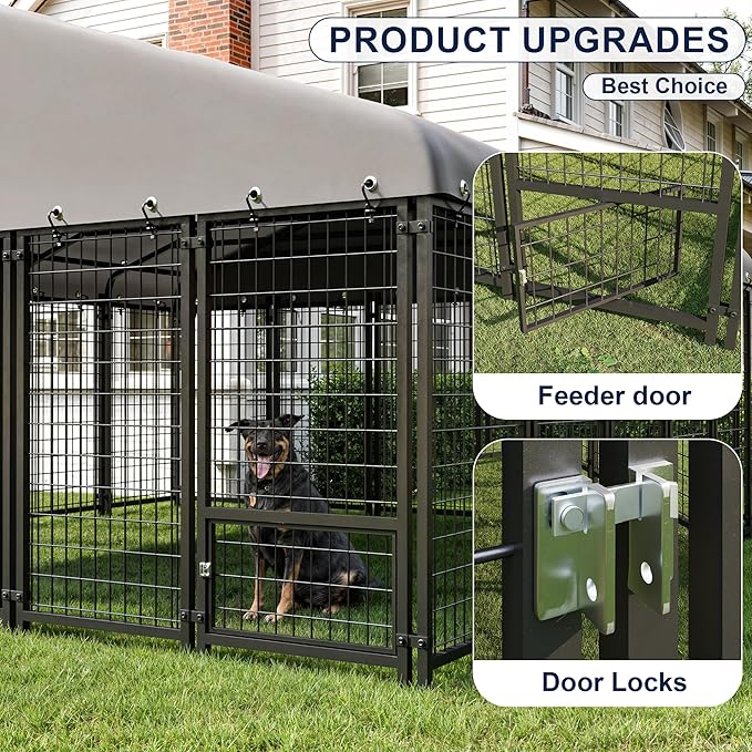 Large Dog Kennel Outside Heavy-Duty Outdoor Dog Cage with Roof and Double Lock - Spacious, Dog Crate for Pets with Feeding, 120"X117"