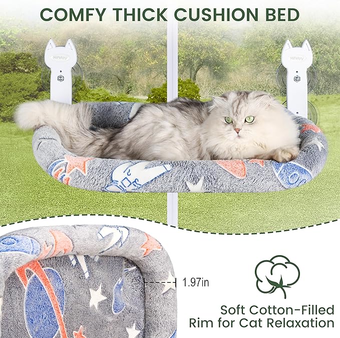 Cat Window Perch, Glow in The Dark Foldable Cat Hammock with Cozy Pad Bed, Breathable Cordless Window Seat with Stud Metal Frame for Large Cats and Kitten (Cushion Perch, Medium)