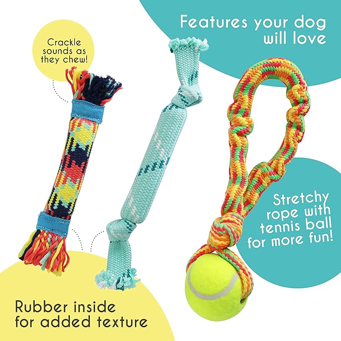 rocket & rex Dog Chew Toy Set for Small to Medium Breeds, Includes a Rope, Rubber Squeaker and Plush Toy with Ball, Reduces Destructive Chewing & Anxiety (Pack of 3)