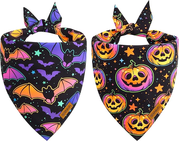 Halloween Dog Bandanas - 2 Pack Reversible Pumpkin and Bat Pet Scarf for Boys and Girls | Fall Dog Bibs | Premium Durable Fabric | Holiday Dog Bandana for Medium and Large Dogs (Large)