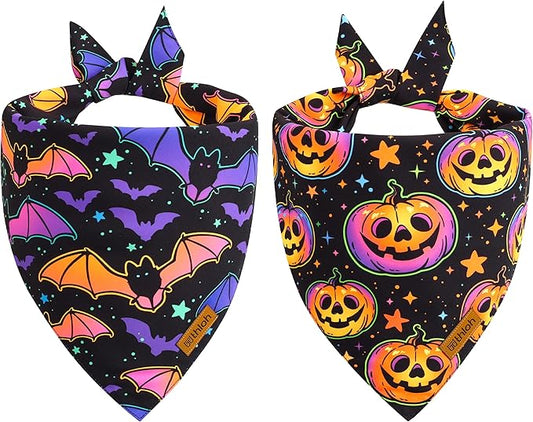 Halloween Dog Bandanas - 2 Pack Reversible Pumpkin and Bat Pet Scarf for Boys and Girls | Fall Dog Bibs | Premium Durable Fabric | Holiday Dog Bandana for Small and Medium Dogs (Small)