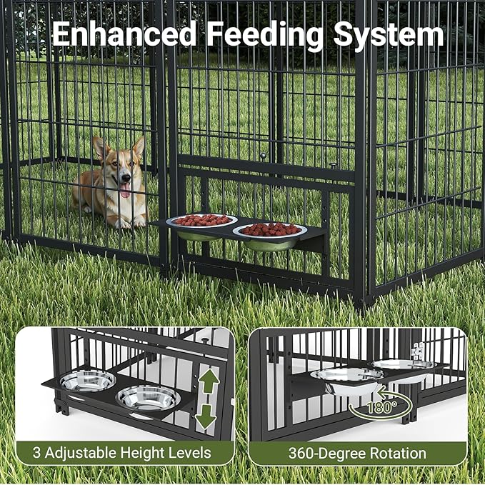 Rovibek Outdoor Dog Kennel 7.9x4.1x5.9 Ft, Dog Kennels Outdoor with 2 Rotating Feeder Bowls, Heavy Duty Dog Kennels Outside, Outside Dog Kennel with Roof, Outside Kennel for Large Dogs
