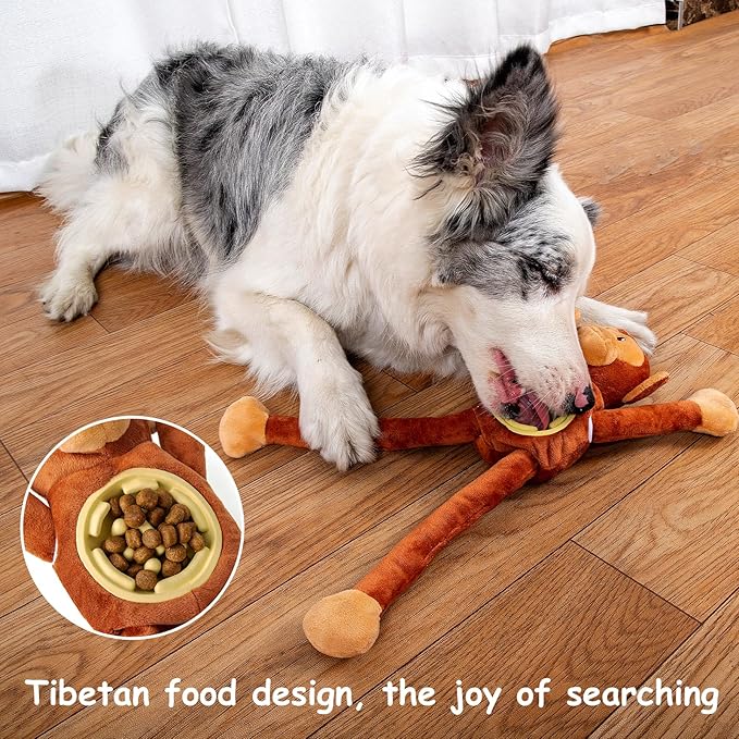 Hollypet Squeaky Plush Stuffed Dog Puzzle Toy with Slow Feeder Bowl, Interactive Chew Toy for Small and Medium Dogs, Tug of War Dog Toys, Monkey