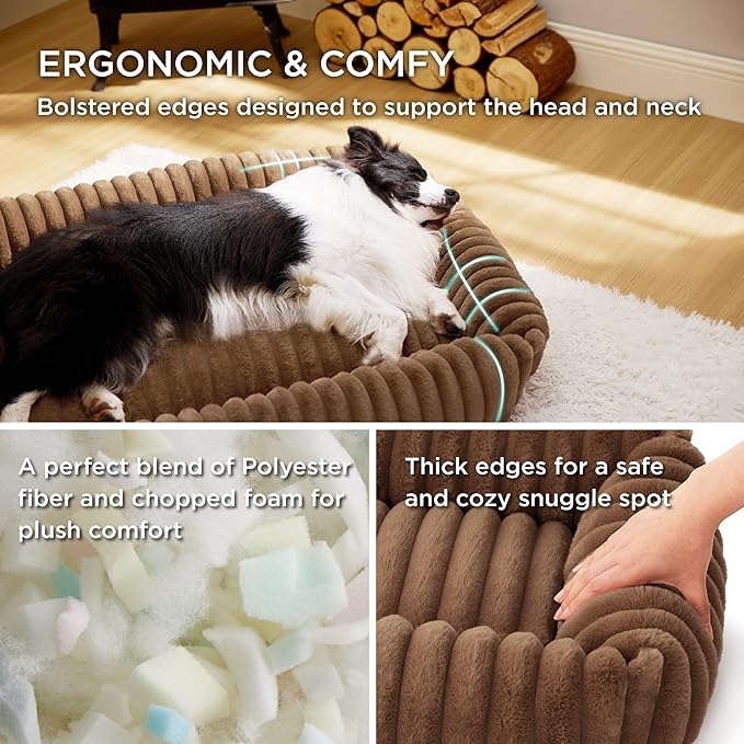 Bedsure Cute Dog Bed for Small Medium Dogs - Washable Furry Puppy Beds, Rectangle Orthopedic Corduroy Fleece Pet Beds with Removable Zipper Cover, 25x21x7inches, Camel Brown