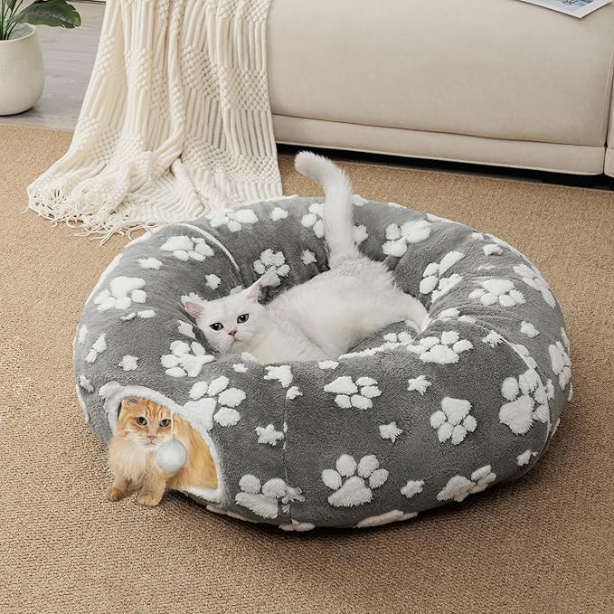 Cat Tunnel for Indoor Cats, Cute Peekaboo Cave with Dangling Balls, Pet Donut Tunnel Bed with Circle Mat for Puppy Kitten Rabbit, Grey