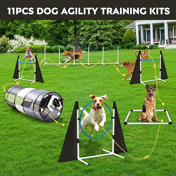 Dog Agility Training Equipment,Course Backyard Set Training Equipment for Dogs Pet Outdoor Game with Grey and Black Tunnel, Agility Hurdle, Poles, Jump Ring, Pause Box, Toy Balls and Storage Bag