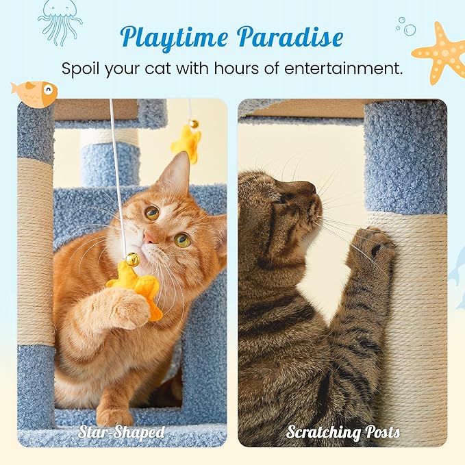 MWPO Ocean-Themed Cat Tree for Indoor Cats, 63.8 Inches Multi-Level Tower with Sisal-Covered Scratching Posts, Padded Platform, Hammock, Dangling Toys, Stable Condo Pet Play House, Blue
