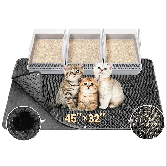 BurgeonNest 45"x32" Extra Large Cat Litter Mat, Honeycomb Double Layer Kitty Litter Trapping Mat, Urine Proof & Waterproof, Easy Clean, Machine Washable, Non-Slip, Scatter Control, Black