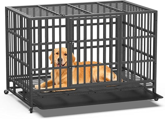 Heavy Duty Indestructible Dog Crate 48 Inch with Removable Tray, Sizes & Colors Optional, Escape Proof Double Door High Anxiety Cage Indoor, Kennel with Wheels for Large Dogs, XL XXL XXL