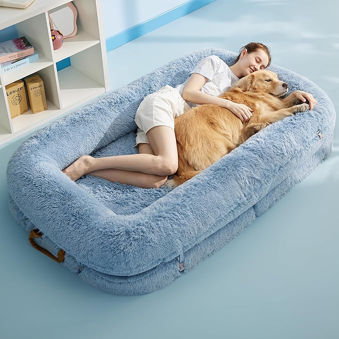 LE SURE Foldable Human Dog Bed - 3 in 1 Flexible Giant Human Dog Bed for Adult People with Supportive Bolster Egg Foam, Waterproof Liner, Calming Fluffy Faux Fur Orthopedic Big Bean Bed, Blue