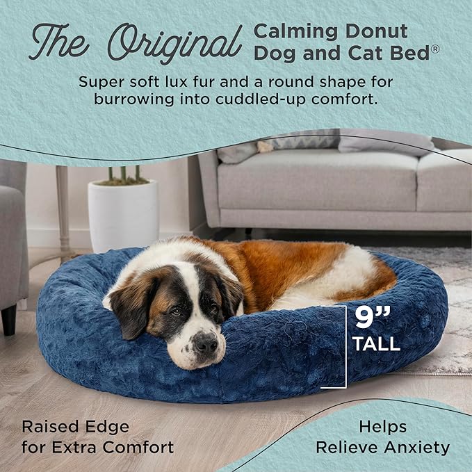 Best Friends by Sheri Original Calming Donut Dog and Cat Bed, Lux Faux Fur, Navy Blue, XL (45in x 45in) - Anxiety Relief for Pets Up to 150 lbs