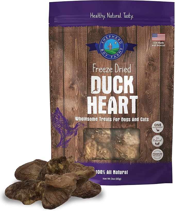 Freeze Dried Dog and Cat Treats, Duck Heart, All Natural Freeze-Dried Dog Treat & Snack, Made in USA, High in Protein, Essential Nutrition of Raw Food, Single Ingredient 3oz