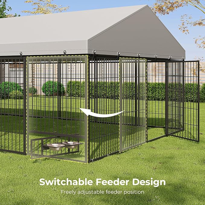 10X19FT Large Dog Kennel Outside with Feeding, Heavy Duty Outdoor Dog Run Cage with Cover & Lock, Outdoor Pet Enclosure Fence for Yard with Roof