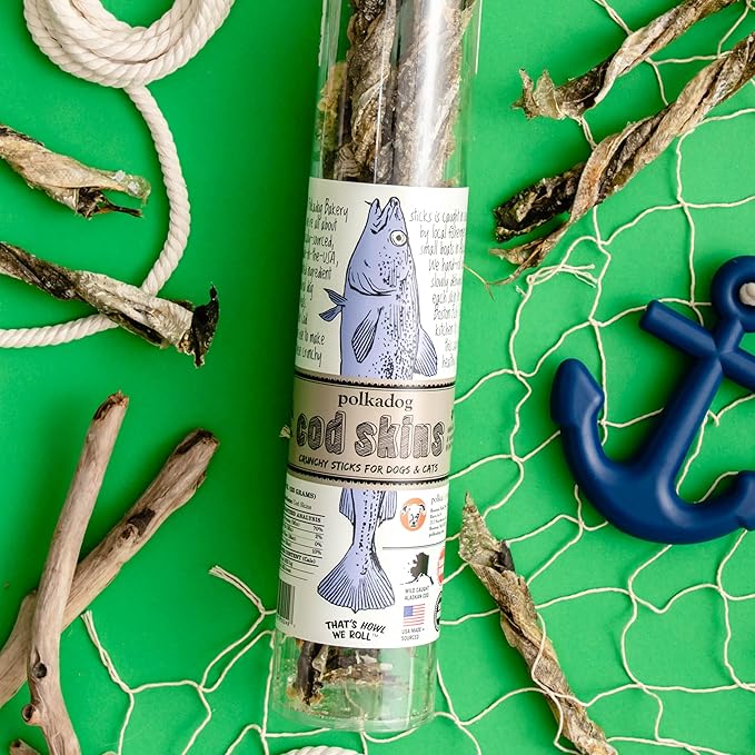 Polkadog Cod Skins for Dogs (2.5oz Regular) - Single Ingredient, Wild-Caught Fish Skin Dog Treats for All Breeds – High in Lean Protein & Omega-3. Hypoallergenic, Grain Free. Handcrafted & Made in USA