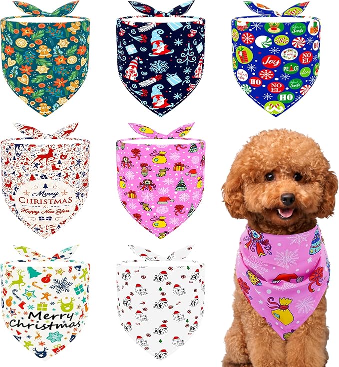 Christmas Dog Bandanas for Small Dogs Breed 7 Pcs Stitching Edge Christmas Dog Bandanas Adjustable Scarves Puppy Grooming S