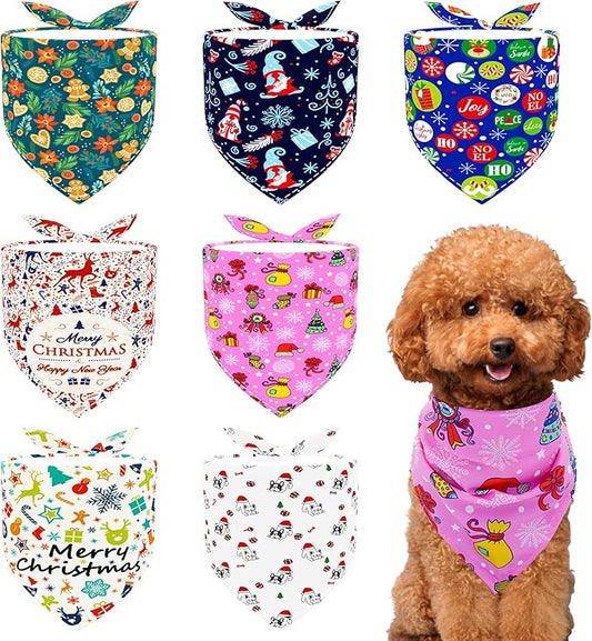 Christmas Dog Bandanas for Small Dogs Breed 7 Pcs Stitching Edge Christmas Dog Bandanas Adjustable Scarves Puppy Grooming S