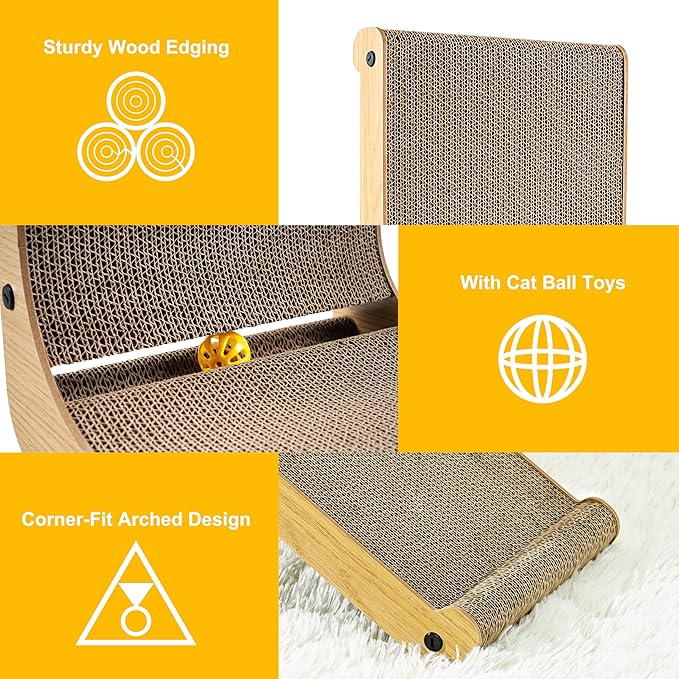 Cat Scratcher, 26.8 Inch L-Shaped Cat Scratch Pad with Wall-Friendly Arc, Cardboard Cat Scratching Board with Ball Toy for Indoor Cats