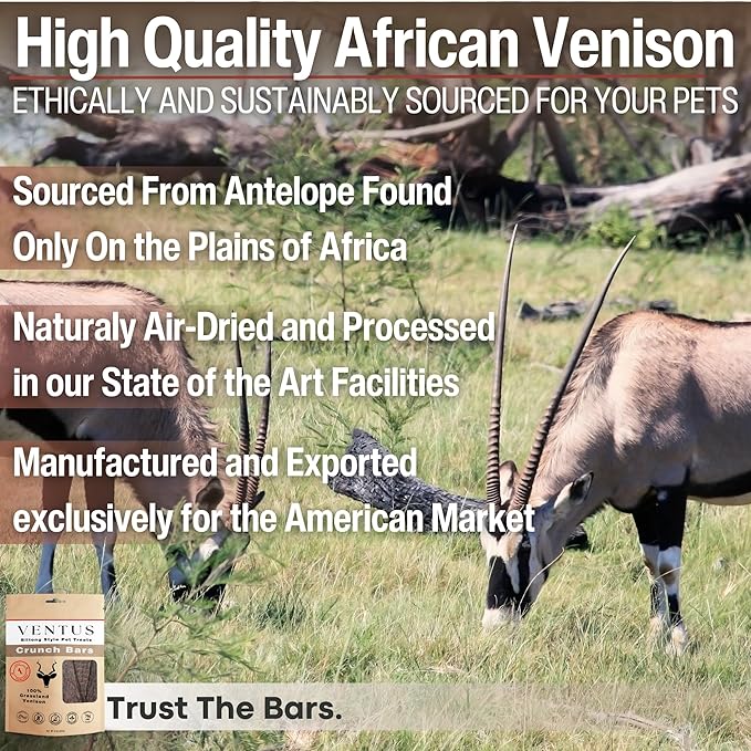 VENTUS Jerky Crunch Bars - Single Ingredient All Natural Venison Dog Training Treats, Healthy Air-Dried, High Protein No Additives, Grain Free, 8 oz