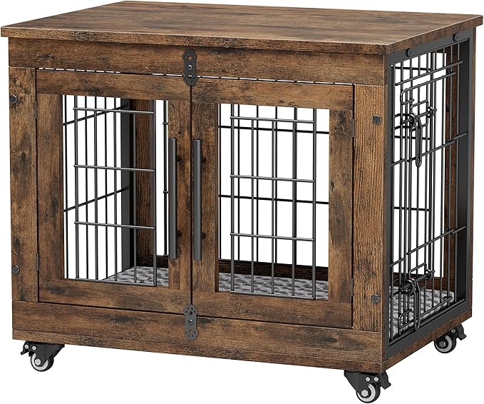 Dog Crate Furniture with Cushion, Wooden Dog Kennel Indoor with Double Doors, Dog Cage with Wheels, Dog House Side End Table for Small Dogs up to 30 lb, 27.2" L, Rustic Brown