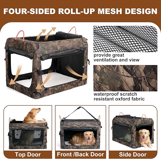 KOOPRO 36.5 Inch Collapsible Dog Crate, Portable Soft-Sided Dog Travel Carrier Camouflage Style Pet Kennel 4-Door with Durable Mesh Windows, Washable Mat, Indoor & Outdoor for Small Medium Large Dogs