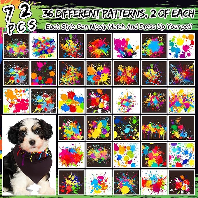 Reginary 72 Packs 4th of July Dog Bandanas Bulk America Flag Patriotic Pet Bandanas Triangle Scarf Bibs Adjustable Dogs Bandana for Pet Independence Day(Ink Splash Pattern)