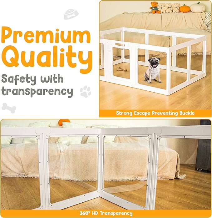 Transparent Indoor Dog Playpen with Safety Lock, Indoor Dog Fence for Small & Medium Pets | Secure, Stylish, Easy Clean Play Pen for Dogs & Pets with Scratch Resistant Panels (White, 10 Panel)