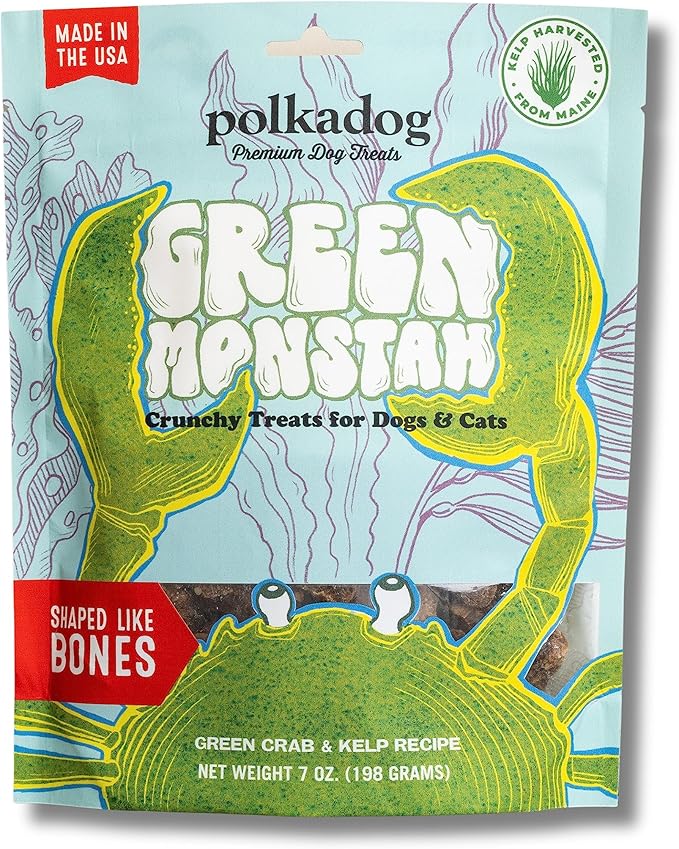 Polkadog Green Monstah Bones Crunchy Treats - Dog Treat for Small & Large Dogs with Vitamin-Rich Kelp, Omega-3, Protein - New England Green Crab & Kelp Blend - Training Size