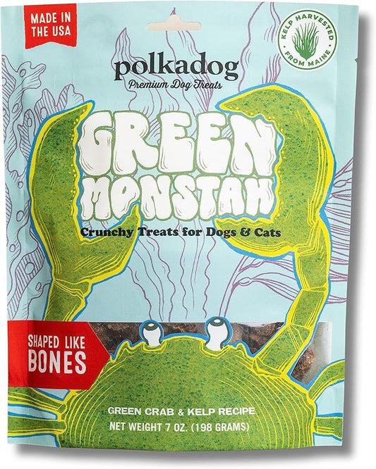 Polkadog Green Monstah Bones Crunchy Treats - Dog Treat for Small & Large Dogs with Vitamin-Rich Kelp, Omega-3, Protein - New England Green Crab & Kelp Blend - Training Size