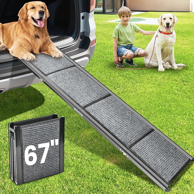 Dog Ramp for Car, 67''x 17.3'' Extra Long Folding Dog Ramp with Non-Slip Rug Surface, Portable Dog Car Ramp for Truck, Outdoor Pet ramp for Large Dogs up to 250LBS