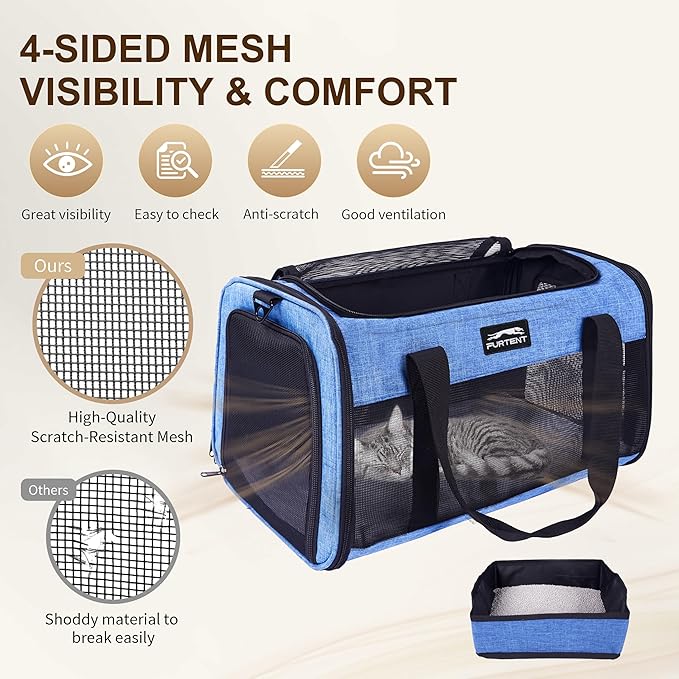 TSA Pet Carrier Airline Approved for Small Cats and Puppy, Cat Carrier Soft Fits Pets Up to 15 lbs, Dogs Carrier Bag with Litter Box Foldable, Ideal for Travel, Car Rides, and Vet Visits, Dark Blue