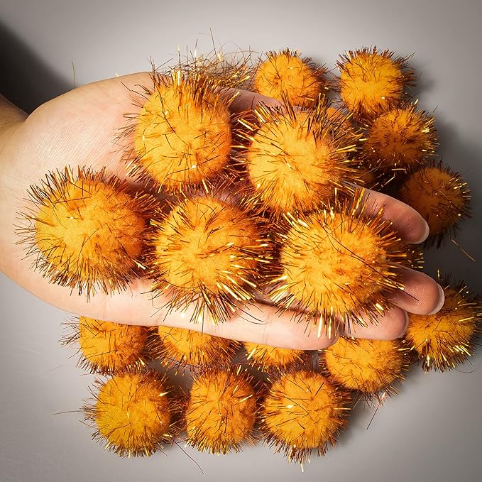 VAPKER 30 Piece 1.5" Orange Color Sparkle Balls Cat's Favorite Toy Tinsel Pom Poms Glitter
