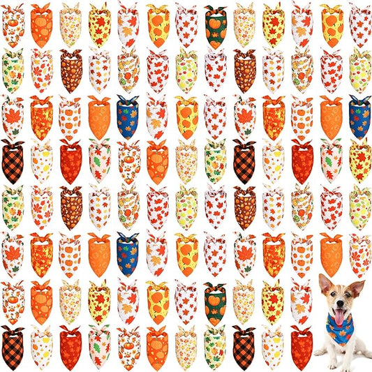 Sweetude 100 Pieces Fall Dog Bandanas Bulk,Thanksgiving Bandanas for Dogs Pumpkin Maple Leaves Pattern Puppy Triangle Scarf Bibs for Medium Small Pet Autumn Costume Accessories(25.6 x 17.7 x 17.7)