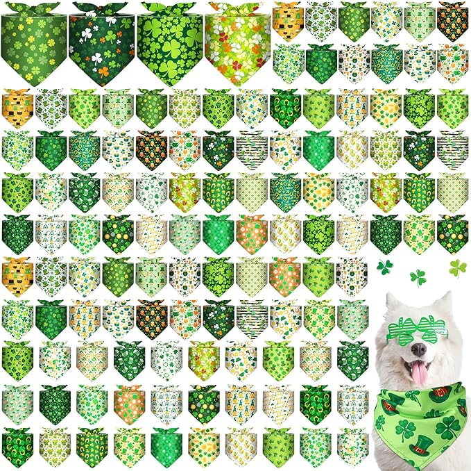 Amylove 120 Pcs Halloween Dog Bandanas Bulk Thanksgiving Day Holiday Triangle Dog Pack Puppy Kerchief Bandana Adjustable Pet Scarf for Pet Cat Costume Accessories Decor(Shamrock)