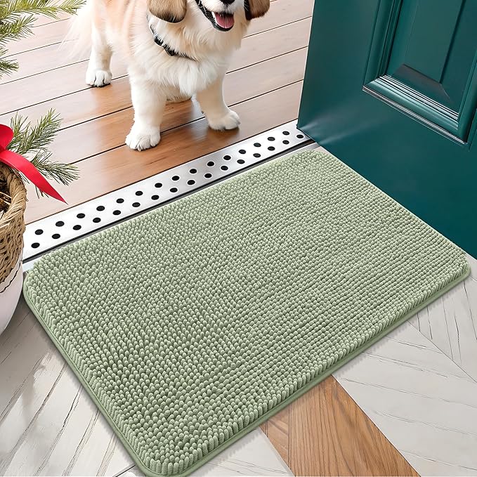 OLANLY Dog Door Mat for Muddy Paws 24x16, Absorbs Moisture and Dirt, Absorbent Non-Slip Washable Doormat, Quick Dry Chenille Mud Mat for Dogs, Entry Indoor Entryway Carpet for Inside Floor, Sage Green