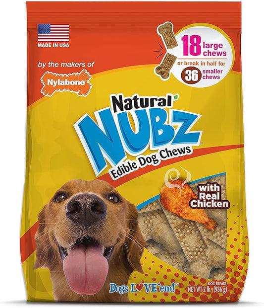 Nylabone Nubz Natural Dog Chew Treats for Large Dogs, Long Lasting Dog Bones Made in USA, Chicken Flavor Breath Freshener Dental Chews, For Dogs Up to 50 lbs. (18 Count)