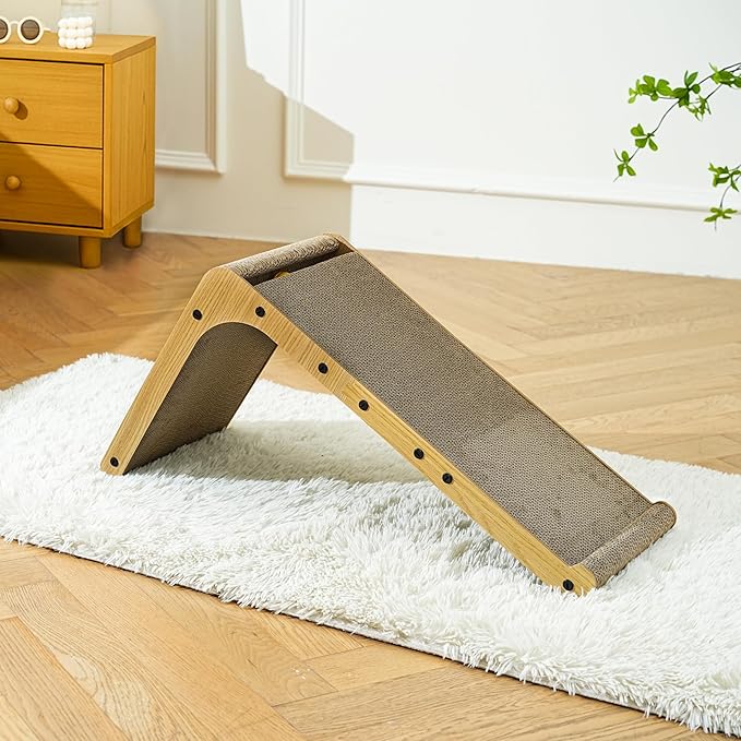 Cat Scratcher, 26.8 Inch L-Shaped Cat Scratch Pad with Wall-Friendly Arc, Cardboard Cat Scratching Board with Ball Toy for Indoor Cats