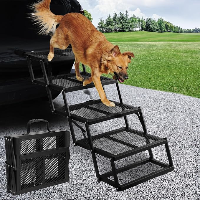 DGSL Dog Ramp for Car, Extra Wide 4 Steps Dog Stairs for Truck, Folding Steps for Dogs with Non-Slip Surface, Pet Loader Dog Steps for Large Dog, SUV, Side Door and Bed (Mesh, 16.9In-4 Steps)