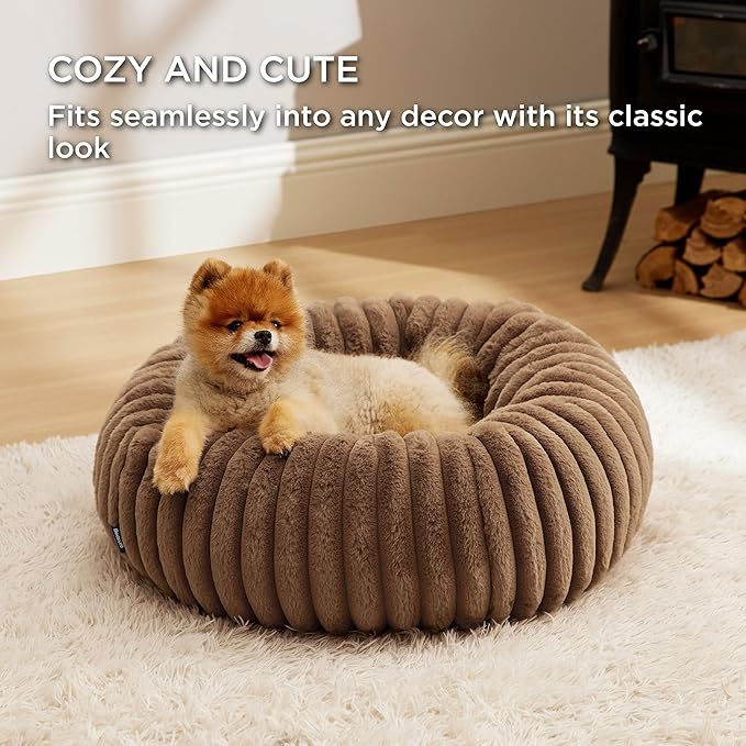 Bedsure Donut Small Dog Bed - Dog Beds for Small Dogs with Corduroy Fleece & Anti Slip Bottom, Round Faux Fur Pet Beds with Washable Removable Cover, Camel Brown, 23x23x7 inches