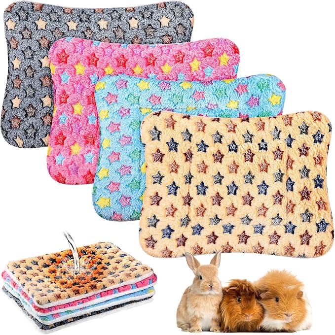 Haull 4 Pcs Waterproof Guinea Pig Bedding Winter Guinea Pig Bed Plush Cage Liners Soft Dog Cat Mat Reversible Winter Cozy Animal Pee Pad Hamster Bed Mat for Bunny(Star,13 x 10 Inch)