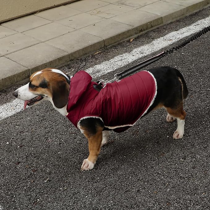 Fleece Lining Dog Hoodie with Harness Built in,Extra Warm Large Dog Jacket in Winter Doggie Coats with Drawstring Hooded,Red XXXL