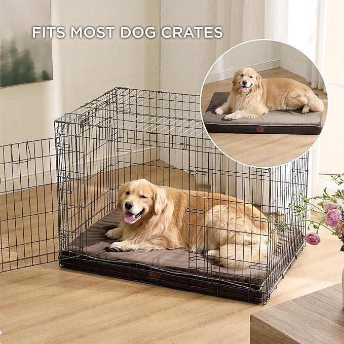 Bedsure Memory Foam Dog Crate Bed for Extra Large Dogs - XL Orthopedic Pet Beds with Removable Washable Cover and Nonskid Bottom - Plush Flannel Fleece Top Pet Mat, Brown