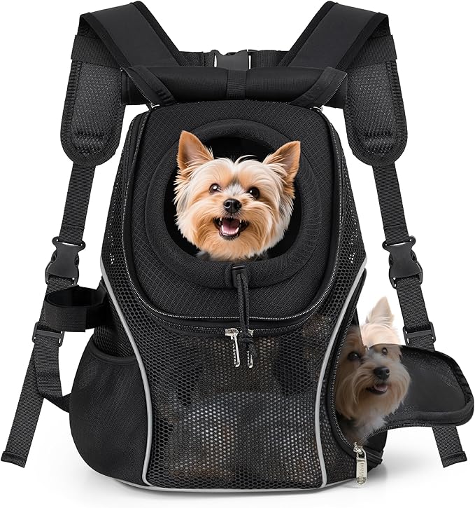 WOYYHO Pet Dog Carrier Backpack with Top and Side Windows, Small Dog Front Backpack Ventilated Mesh Dog Back Pack with Safety Belt for Travel Hiking Outdoor Adventures (Size S: 2-4.5 lbs, Black 2.0)