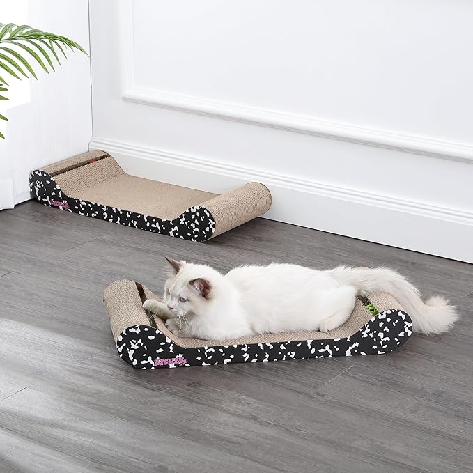 CSR1003B-SET2 Rini 23.75" Modern Cardboard Lounge Bed Cat Scratcher with Built-in Bell Toys and Catnip, Black/White (Set of 2)