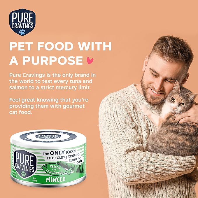 Pure Cravings Minced Tuna and Mackerel Wet Canned Cat Food, 100% Mercury-Tested Tuna, Moist Can Fish for Cats, Grain-Free, Protein, Non-GMO, 3oz, Pack of 12