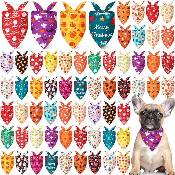 Chunful 60 Pcs Holiday Bandanas Bulk for Dogs Fall Halloween Thanksgiving Christmas Santa Soft Bibs Adjustable Triangle Doggie Scarf for Small Medium Large Pet Costume(25.6 x 17.7 x 17.7 Inch)