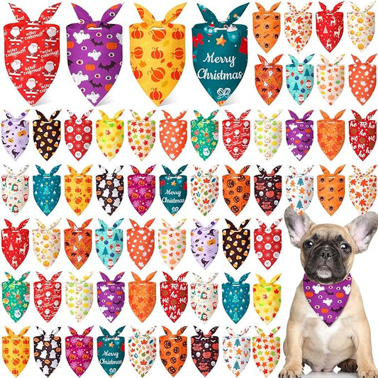 Chunful 60 Pcs Holiday Bandanas Bulk for Dogs Fall Halloween Thanksgiving Christmas Santa Soft Bibs Adjustable Triangle Doggie Scarf for Small Medium Large Pet Costume(25.6 x 17.7 x 17.7 Inch)